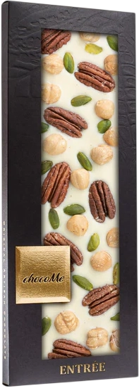 chocoMe Ciocolată Artizanală Albă cu Alune Piemonte, Fistic și Nuci Pecan 110g (M121)
