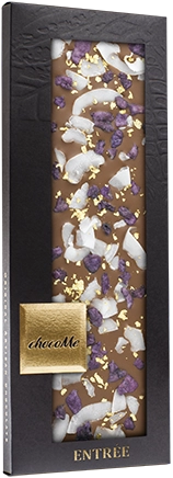 chocoMe Ciocolată cu Lapte, cu Foiță de Aur 23k, Violete și Cocos 110G (V108)